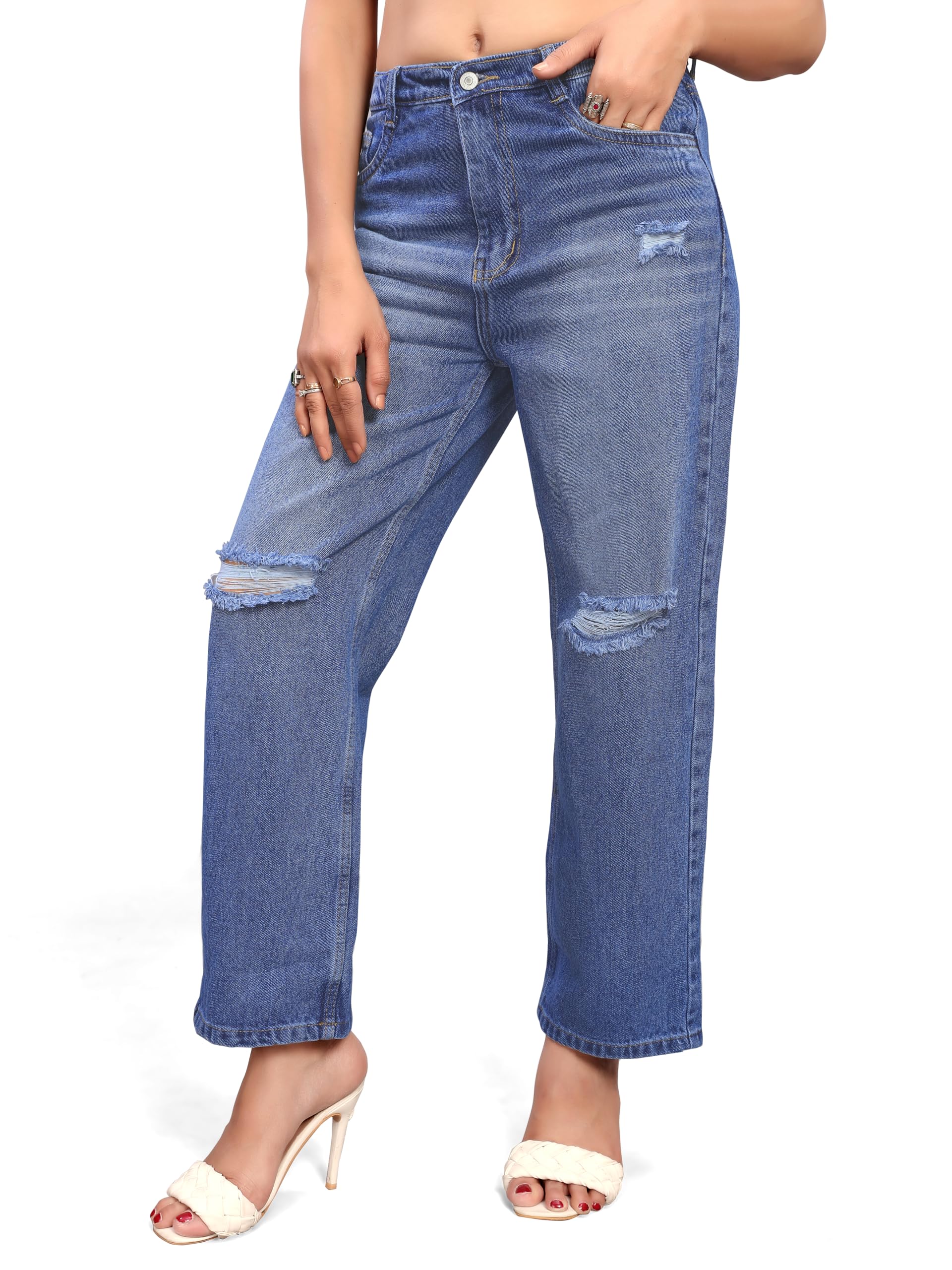 ELLITI Womens Knee Cut Stone Blue(Dark Blue) Regular Fit High Rise Relaxed/Boyfriend Fit, Wide Leg, Bell Bottom, Pure Denim Bel