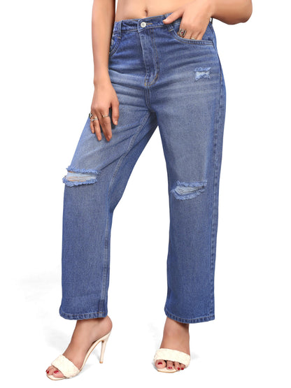 ELLITI Womens Knee Cut Stone Blue(Dark Blue) Regular Fit High Rise Relaxed/Boyfriend Fit, Wide Leg, Bell Bottom, Pure Denim Bel