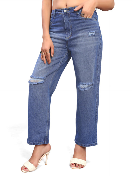 ELLITI Womens Knee Cut Stone Blue(Dark Blue) Regular Fit High Rise Relaxed/Boyfriend Fit, Wide Leg, Bell Bottom, Pure Denim Bel