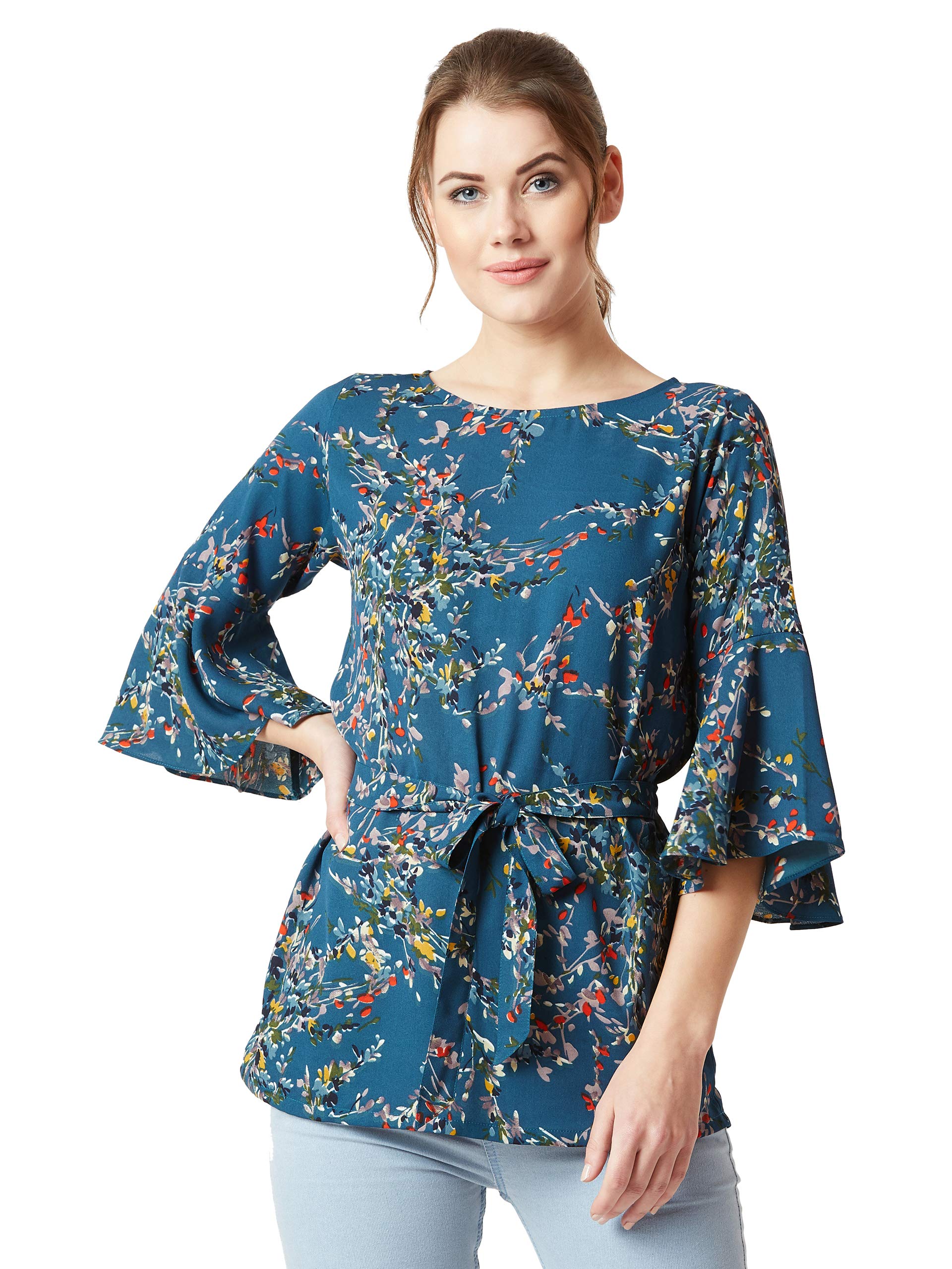Miss Chase WomenS Turquoise Floral Boat Neck 3/4 Ruffled Sleeve Long Tie-Up Top (Mcss19Tp12-23-176-06, Multicolored Base Turquo