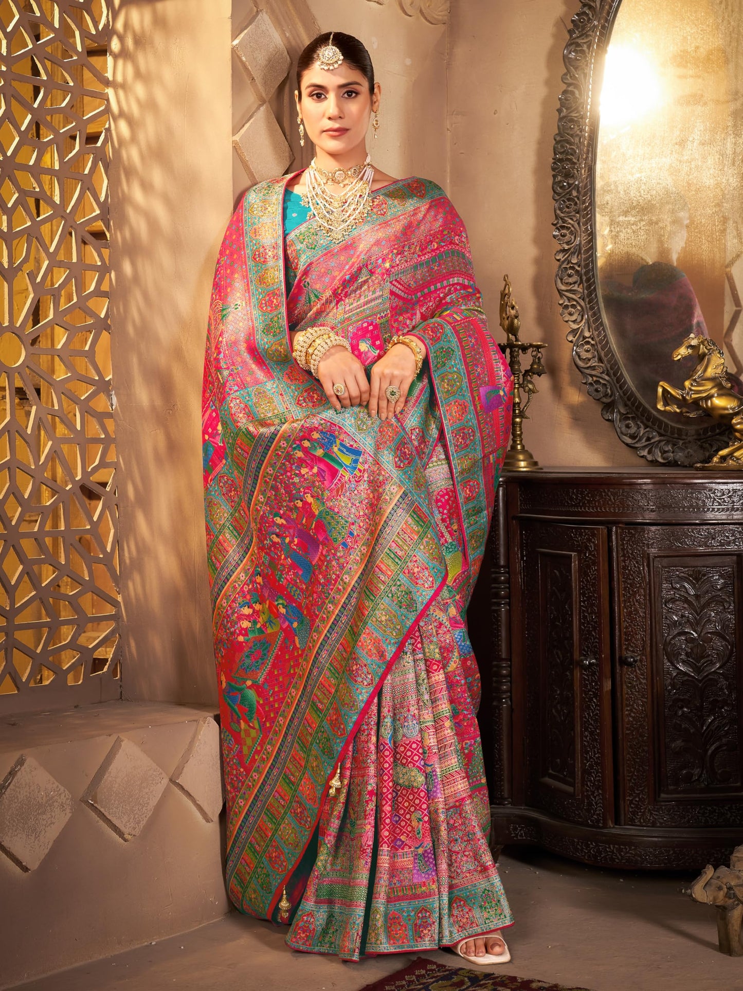 Glory Sarees WomenS Luxurious Dola Pure Silk Original Saree Position Print Work Madhubani Inspired Motifs Banarasi Kanjivaram St
