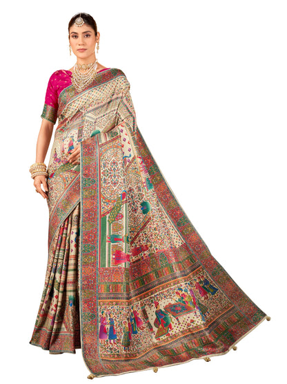 Glory Sarees WomenS Luxurious Dola Pure Silk Original Saree Position Print Work Madhubani Inspired Motifs Banarasi Kanjivaram St