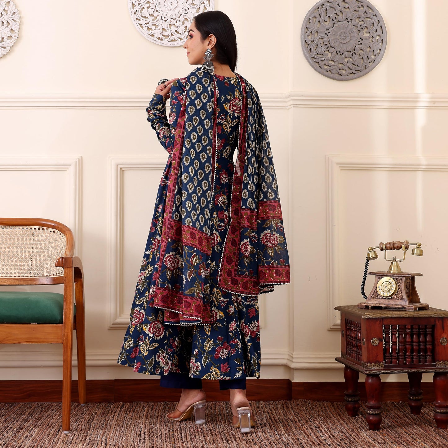 Gosriki WomenS Rayon Viscose Anarkali Printed Kurta With Pant & Dupatta (Minari Blue-Gs_Xxl_Blue_Xx-Large)
