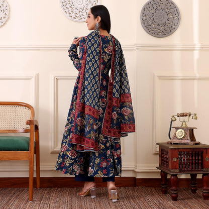 Gosriki WomenS Rayon Viscose Anarkali Printed Kurta With Pant & Dupatta (Minari Blue-Gs_Xxl_Blue_Xx-Large)
