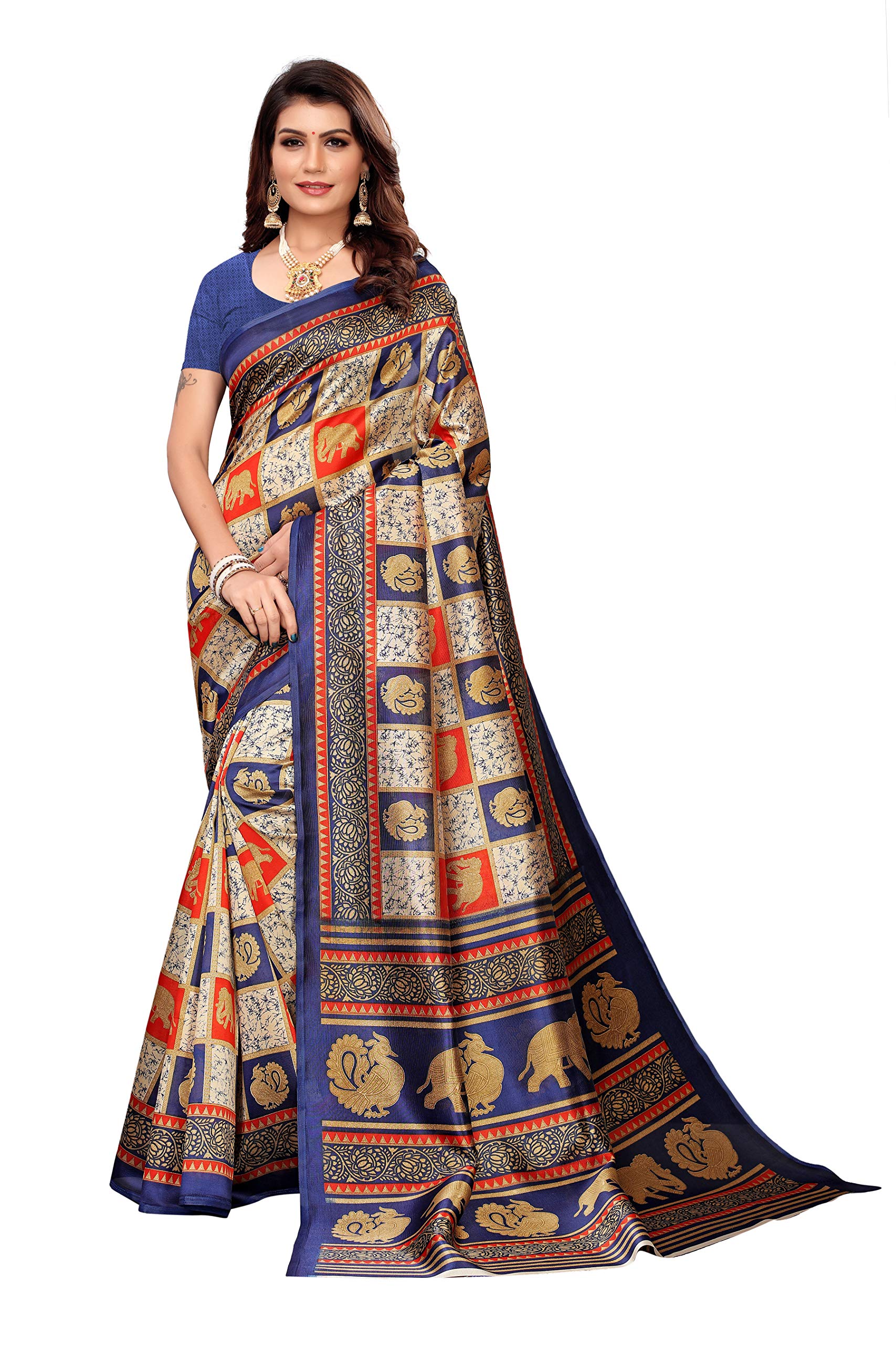 Anni Designer WomenS Blue Mysore Silk Ethnic Printed Saree With Blouse Piece(Prisha Blue_Free Size)