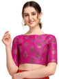 Oomph! WomenS Indian Ethnic Wear Designer Floral Pattern Zari Work Boat Neck Half Sleeve Readymade Non - Padded Blouse For Sare