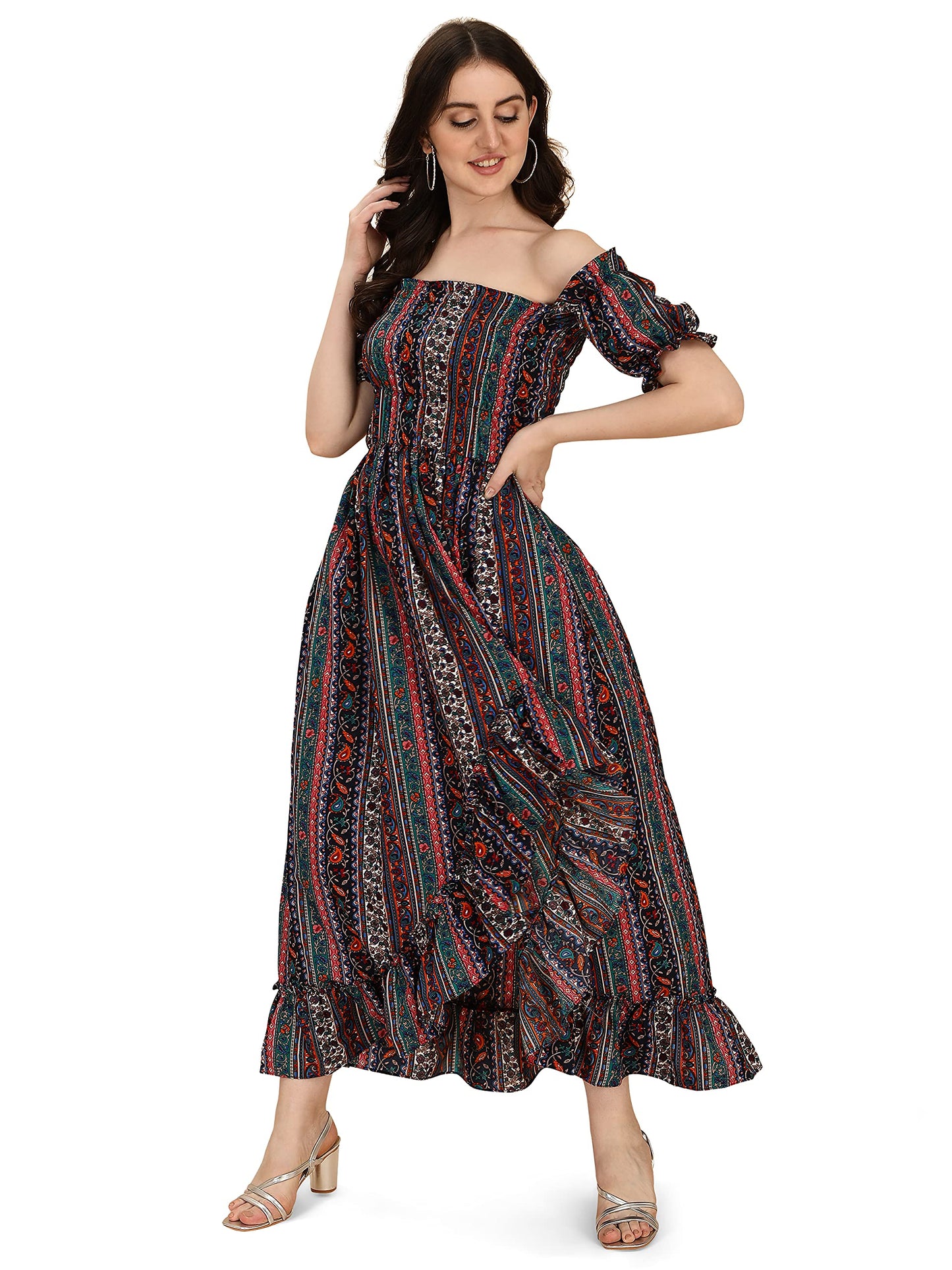 Oomph! Flared Dress For Women Stylish | Long One Piece For Women | Off Shoulder Puff Sleeve Long Dress | Floral Print Maxi One P