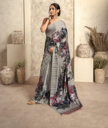 Pujia Mills Woman Digital Print Satin Silk Sadi Indian Ethnic Wear Printed Saree With Unstitch Blouse Regular Print Sadi Simple