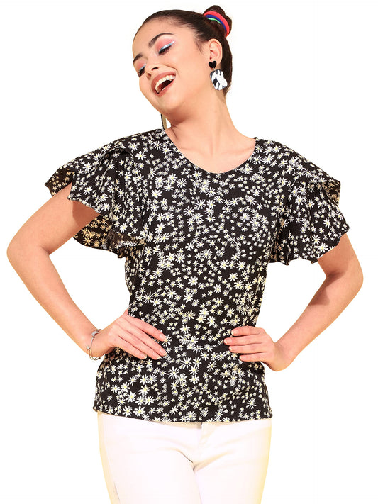 OOMPH! Womens Crepe Printed top with Boat Neck and Butterfly Sleeve