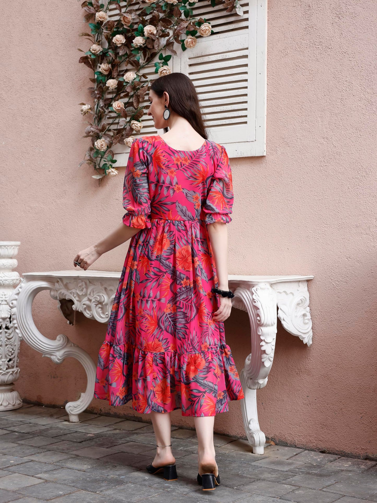 SMOWKLY Womens Georgette Floral Printed Indo-Western Ethnic Gown || Half Sleeve V Neck Fit & Flare Flared Hem Design || Casual