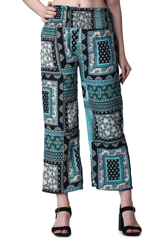 POPWINGS Casual Boho Printed Side Wide Leg Trousers for Women || Summer Wear Comfortable Pull-On Women Trousers || Latest Wester