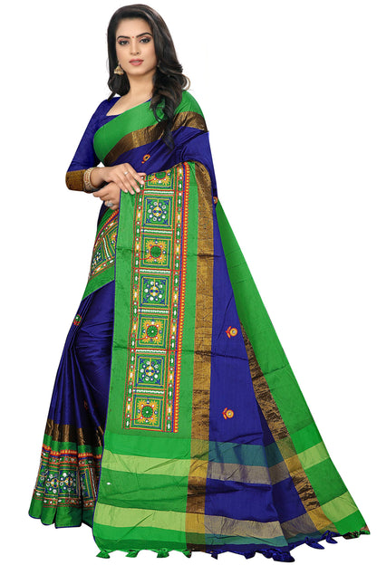 SERONA FABRICS Womens Banarasi Cotton Silk Embroidered Work Saree With Blouse Piece