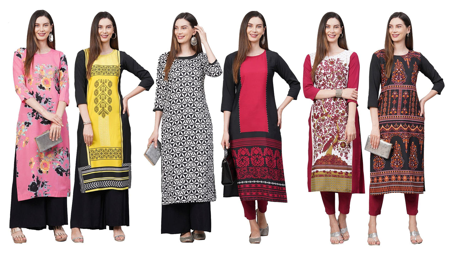 ANNI DESIGNER Women's Crepe Straight Printed Kurta Pack of 6 (Crepe Combo-6_99_Newly_)