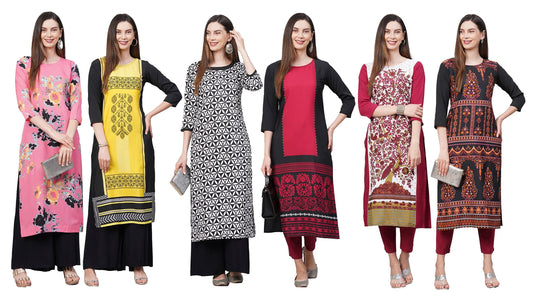 ANNI DESIGNER Women's Crepe Straight Printed Kurta Pack of 6 (Crepe Combo-6_99_Newly_)