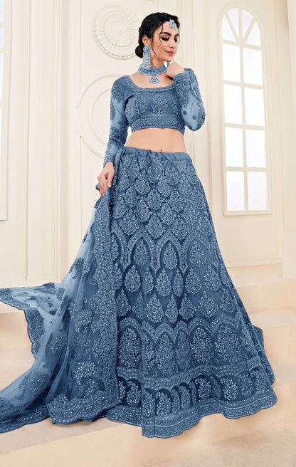 PATLANI Letest Design chain embroderied with Stone Work Woman s Flered Lehenga choli.Aqua Blue (Semi Stitched)