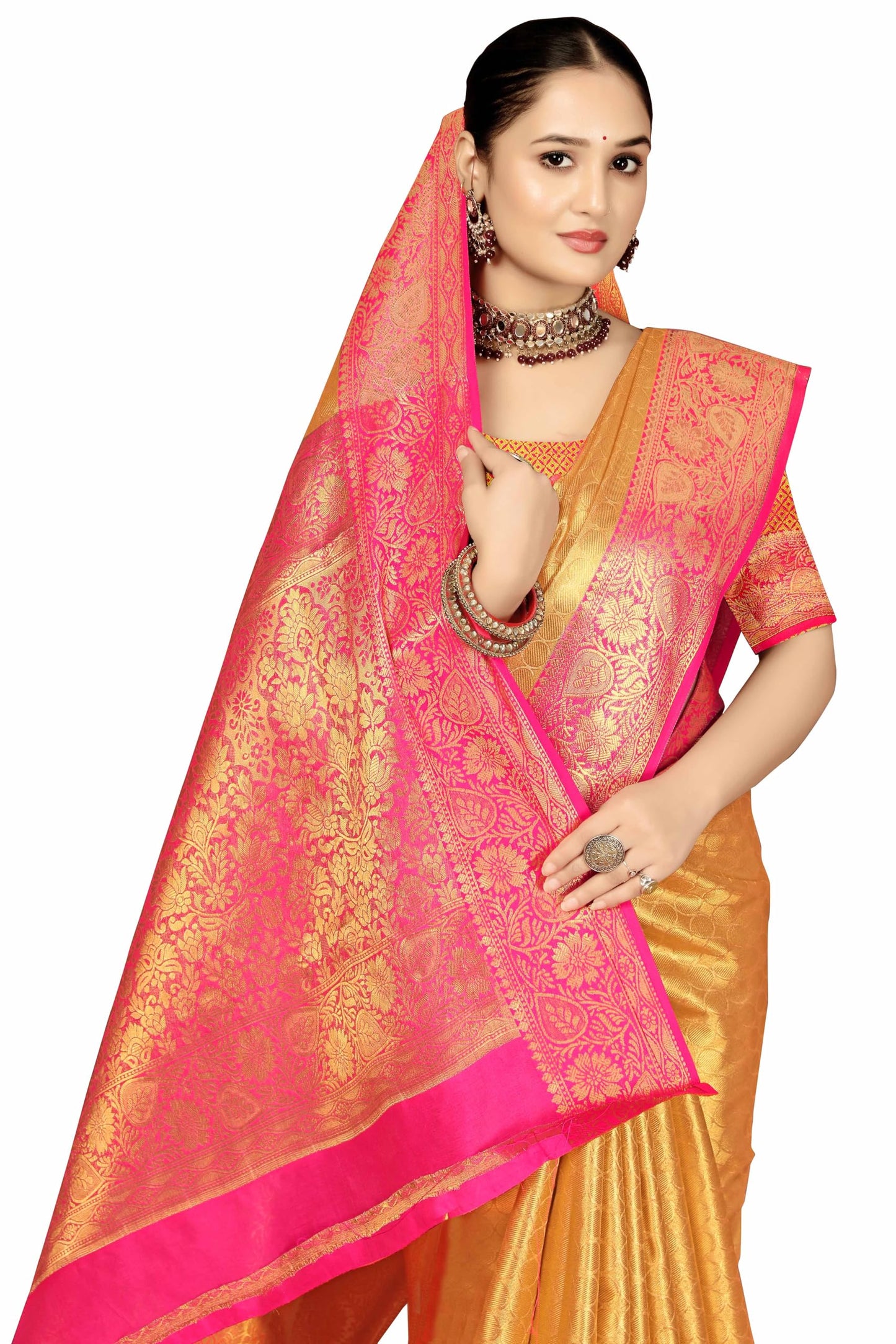 Sugathari WomenS Gold And Pink Kanjivaram Banarasi Silk Saree For Patola Festival Wedding Silk With Rich Pallu Design Sarees Fo