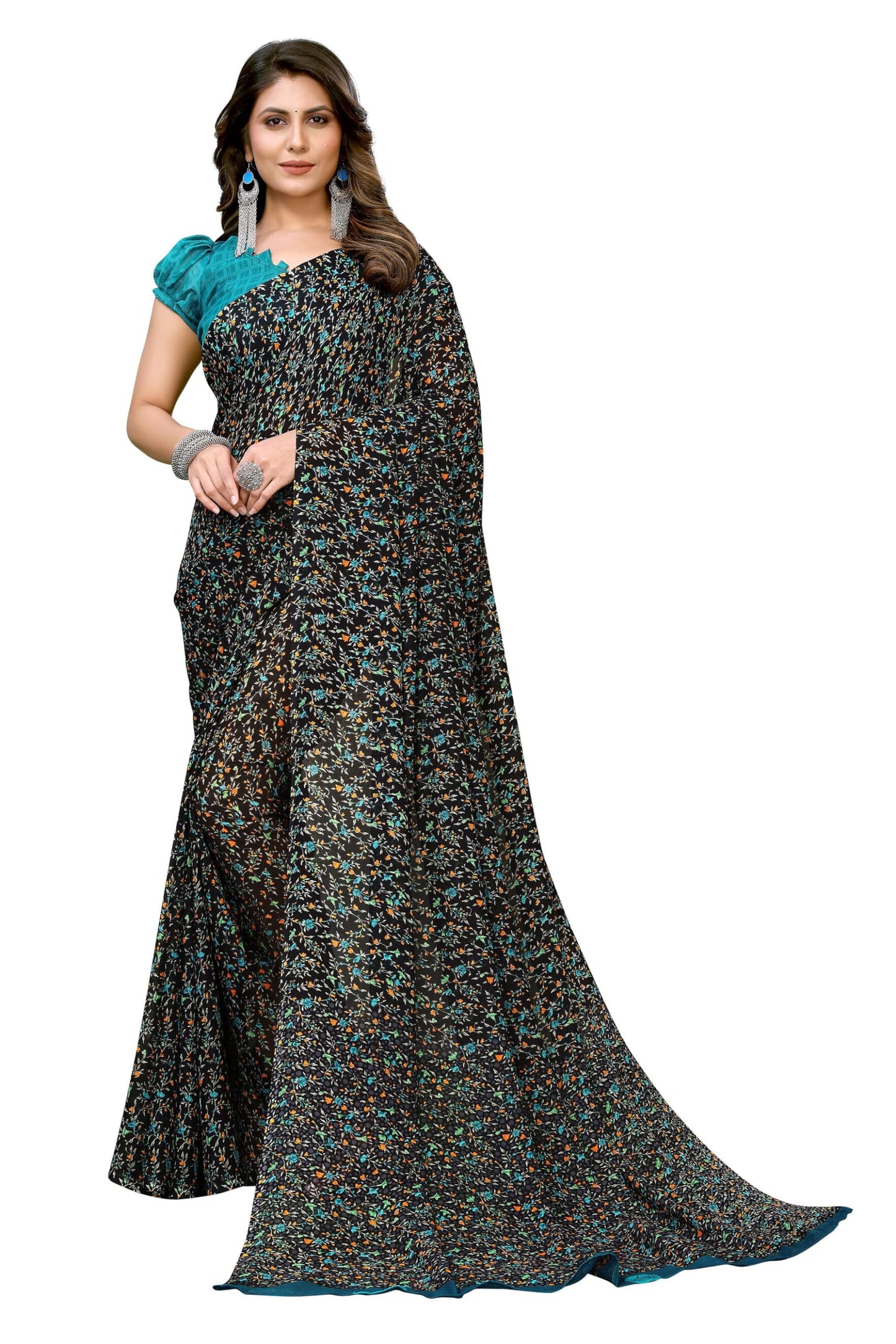 Yashika Womens Trendy Printed Georgette Rama Color Saree with Blouse Material(JAMUNA RAMA)