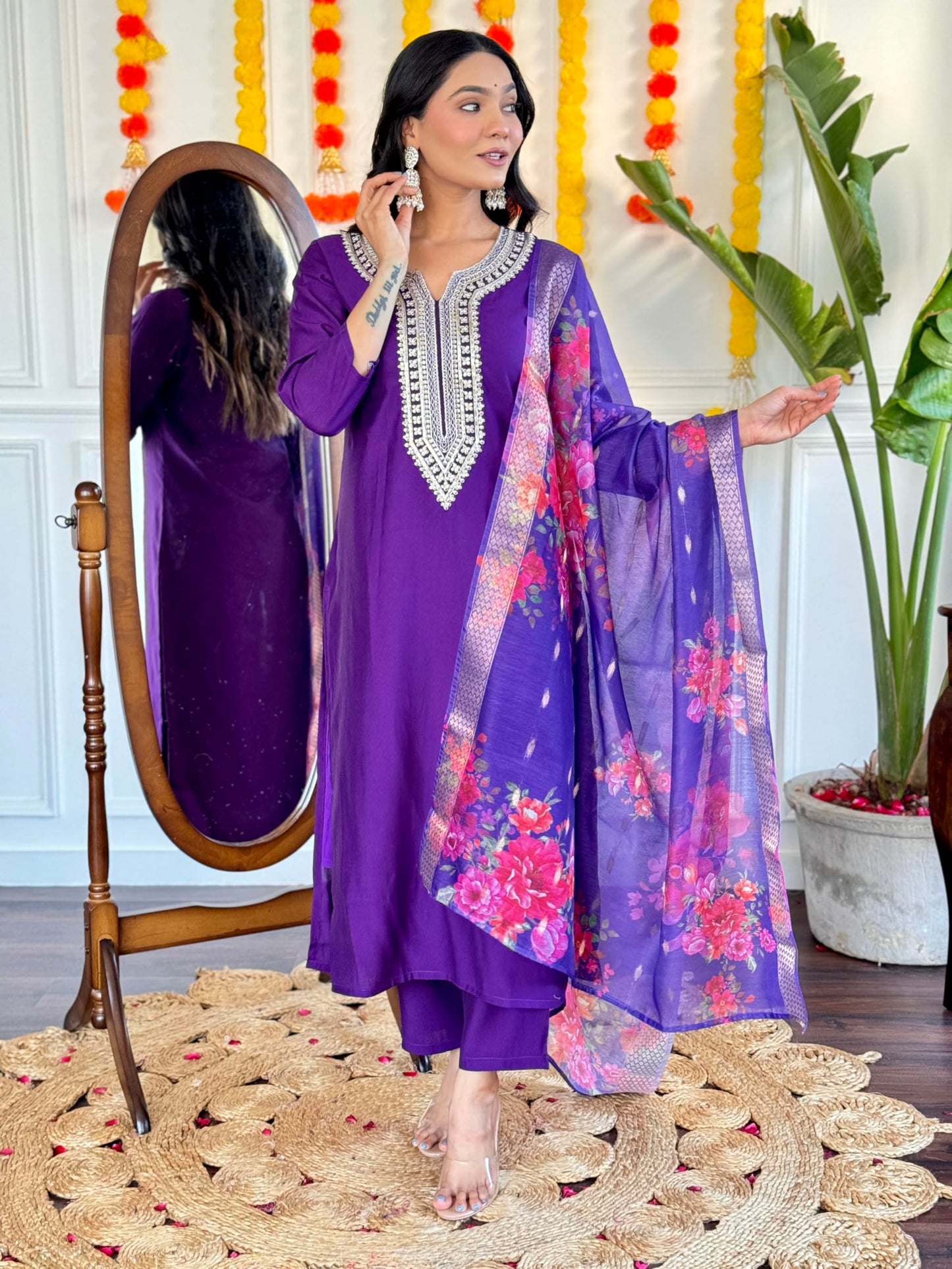 Naixa Womens Violate Chanderi Viscose Embroidered Straight Kurta with Chanderi Viscose Pant and Jacquard Silk Jacquard Dupatta