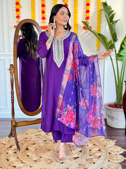 Naixa Womens Violate Chanderi Viscose Embroidered Straight Kurta with Chanderi Viscose Pant and Jacquard Silk Jacquard Dupatta