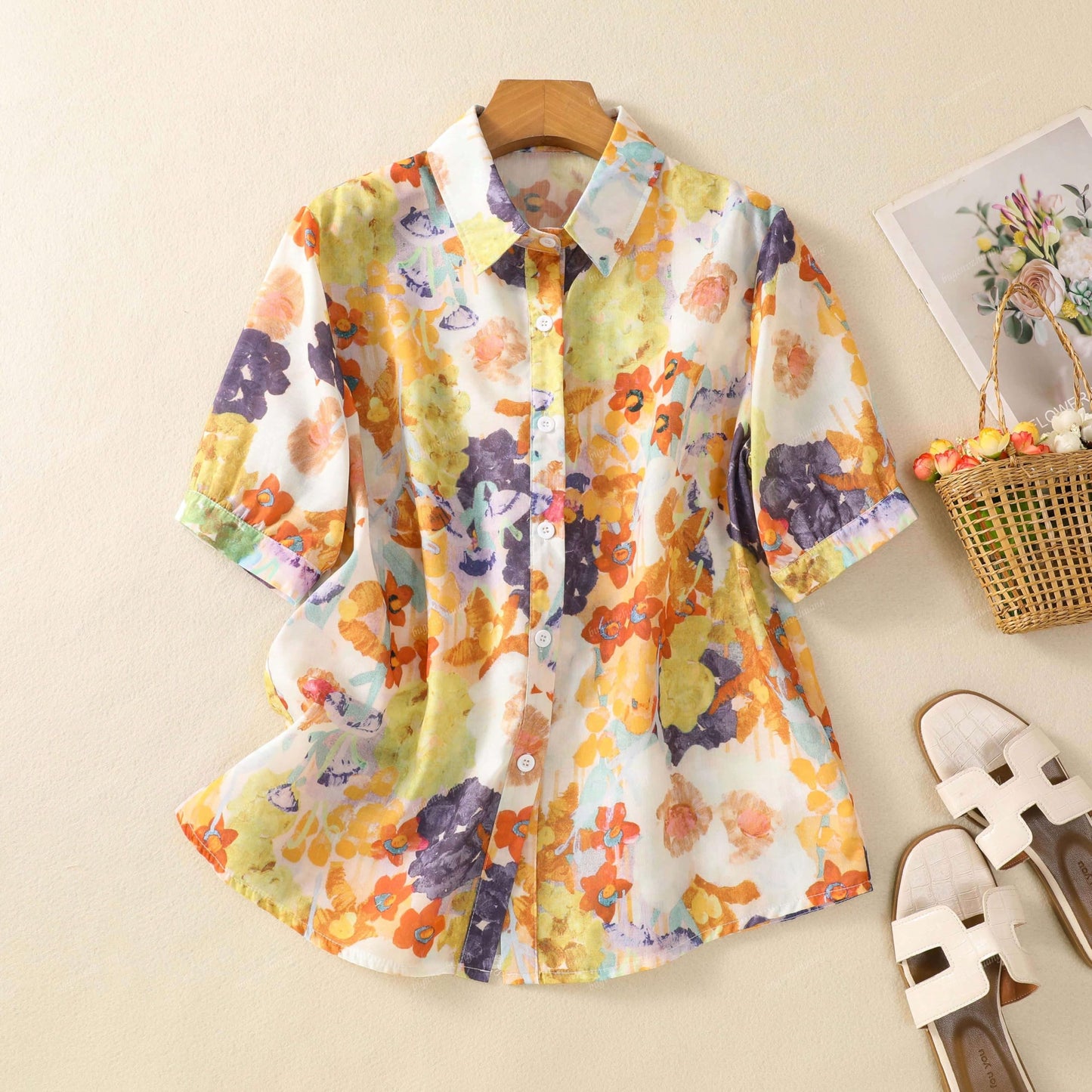 Gufrina Women Mustard Multicolor Floral Print Button-Down Shirt With Elbow Sleeves And Collar Neck In Soft Breathable Fabric Ide