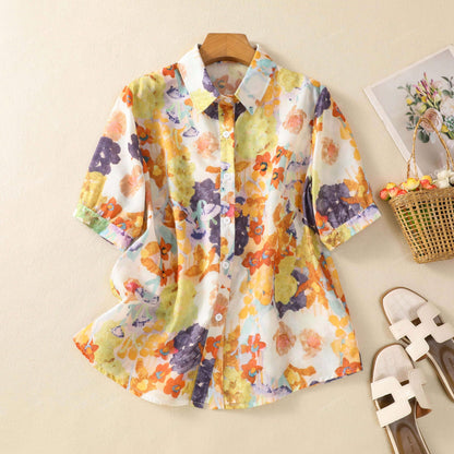 Gufrina Women Mustard Multicolor Floral Print Button-Down Shirt With Elbow Sleeves And Collar Neck In Soft Breathable Fabric Ide
