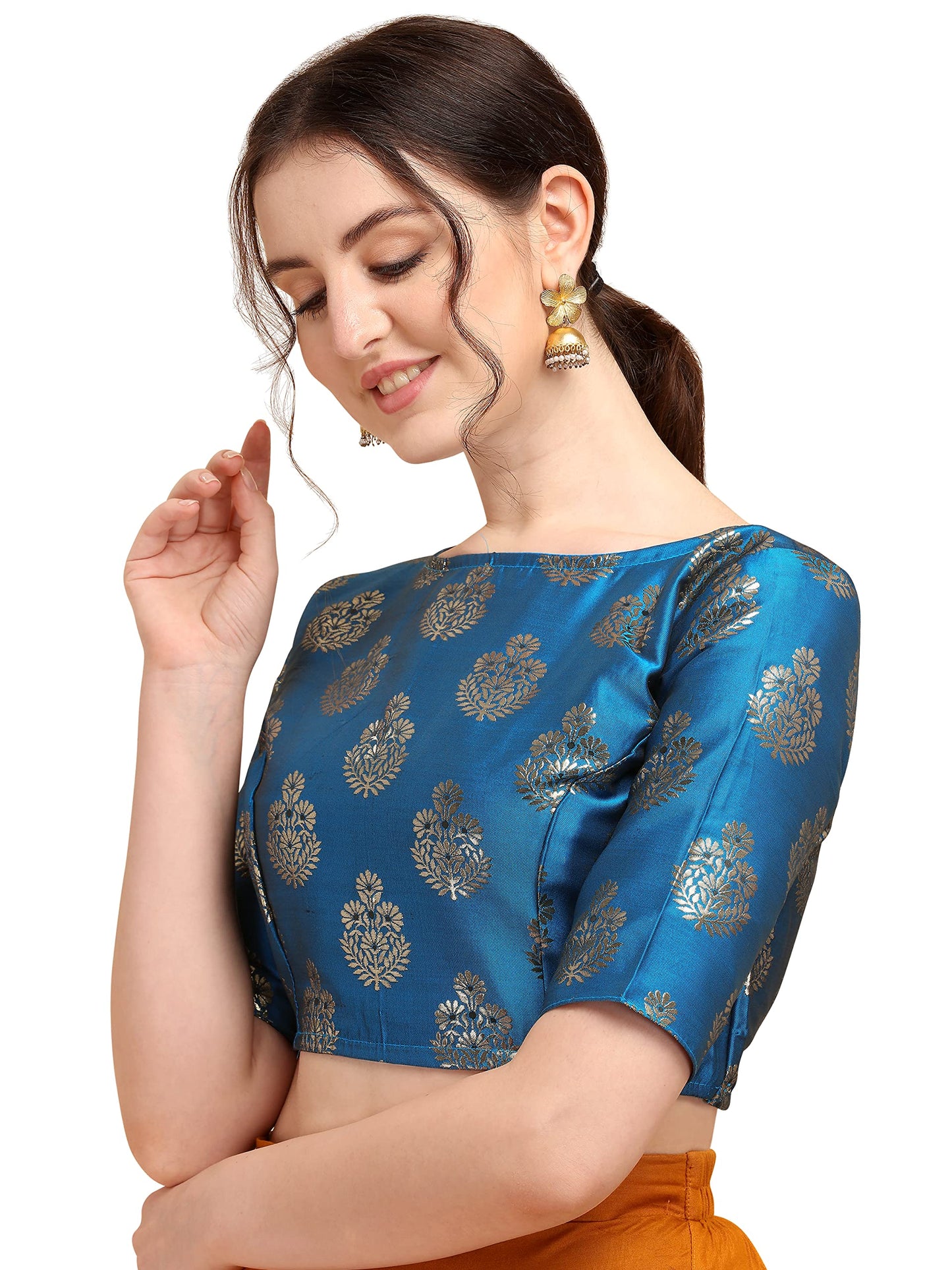 Oomph! WomenS Indian Ethnic Wear Designer Floral Pattern Zari Work Boat Neck Half Sleeve Readymade Non - Padded Blouse For Sare
