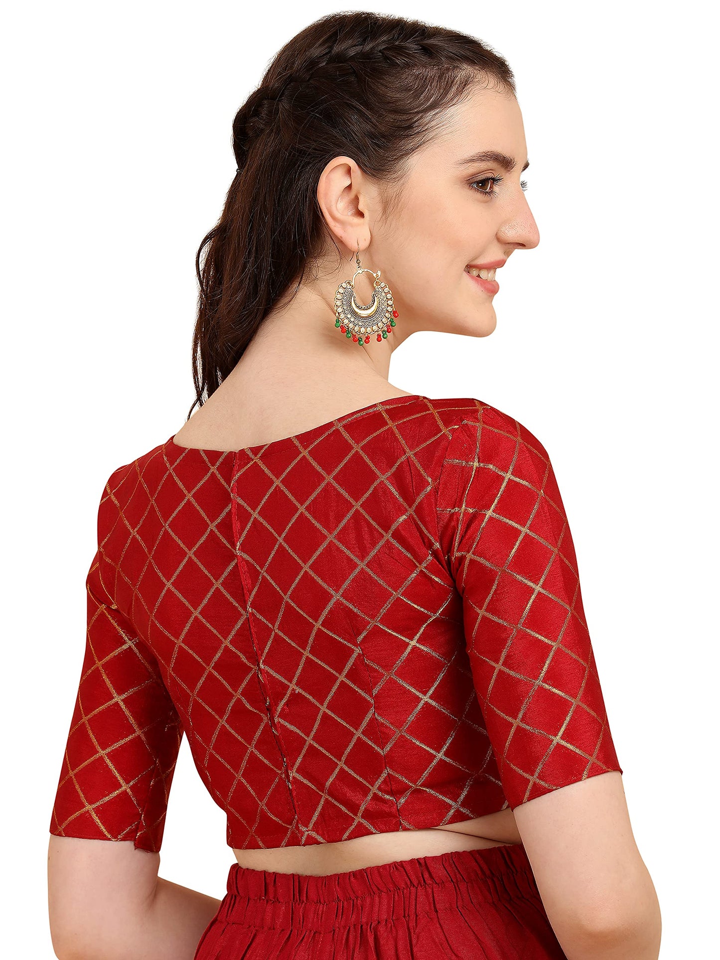 Oomph! WomenS Indian Ethnic Wear Designer Checked Pattern Zari Work Boat Neck Half Sleeve Red Color Jacquard Readymade Blouse F