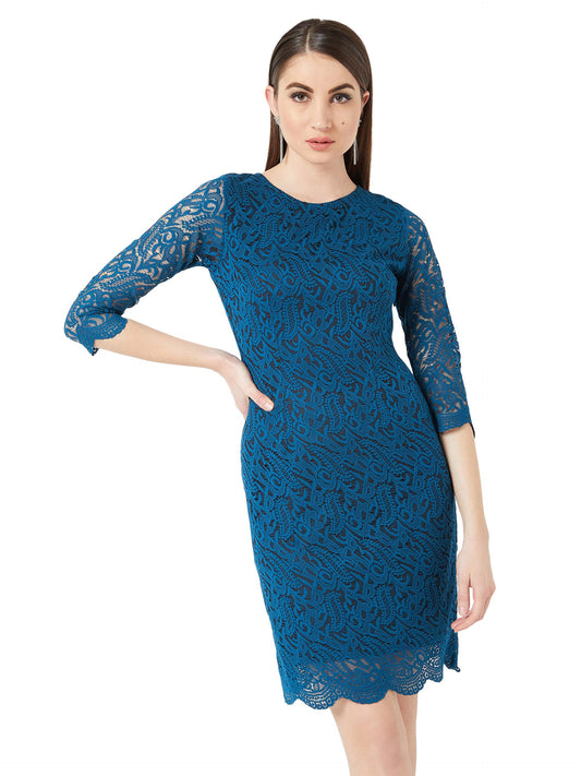 Miss Chase WomenS Teal Round Neck 3/4 Sleeves Floral Lace Overlaid Knee-Long Bodycon Dress With Zip Closure(Mcaw19D14-32-83-06,