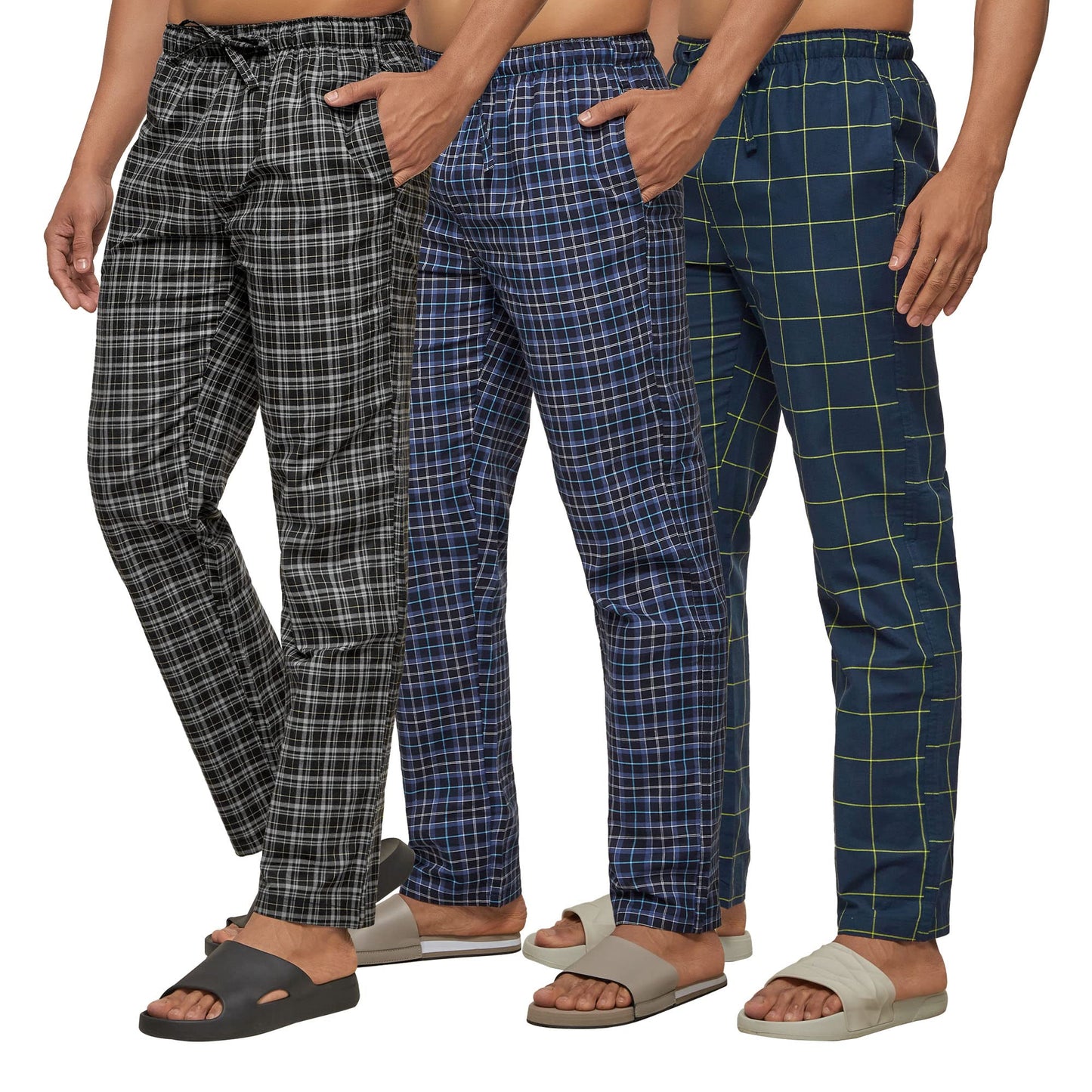 XYXX Mens Super Combed Cotton Checkered Checkmate Pyjamas [Pack of 3] Elasticated Waist, Drawstring | Loungewear for Men in Blu