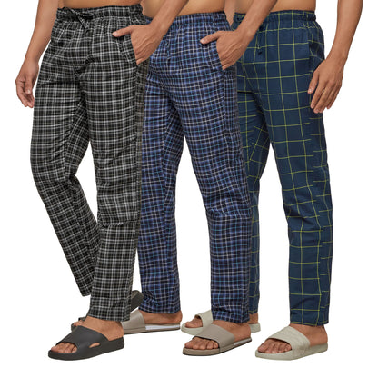 XYXX Mens Super Combed Cotton Checkered Checkmate Pyjamas [Pack of 3] Elasticated Waist, Drawstring | Loungewear for Men in Blu