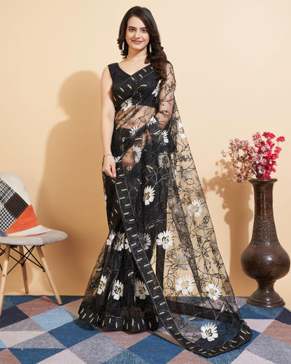 Vairagee WomenS Soft Net Flower Embroidered Border Work Saree And Unstitched Lilac Blouse Piece With Lace Work | Saree For Wedd
