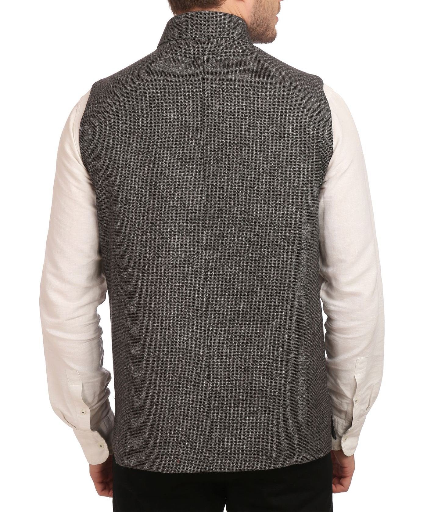 WINTAGE Mens Tweed Bandhgala Festive Nehru Jacket Waistcoat Grey