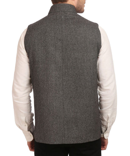 WINTAGE Mens Tweed Bandhgala Festive Nehru Jacket Waistcoat Grey
