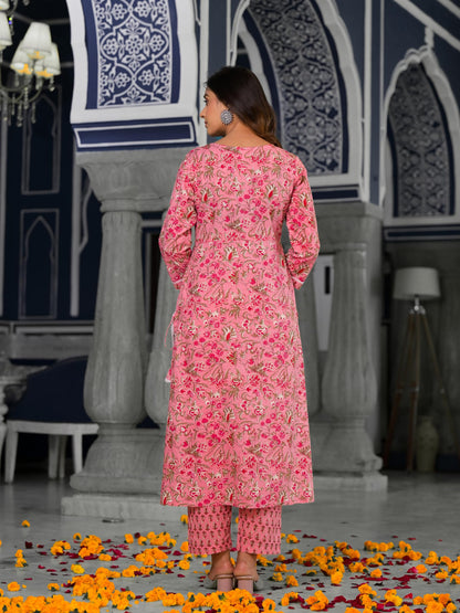 Varanga Pink Floral Printed A-Line Kurta With Side Slits Paired With Tonal Bottom And Dupatta