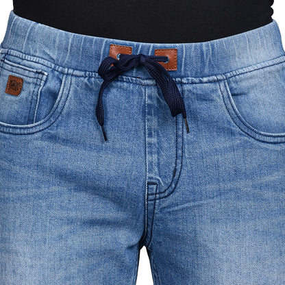 Campus Sutra Mens Classic Blue Light-Washed Regular Fit Denim Jeans | Elasticated Hem Drawstring Mid-Rise Stretchable Cotton Den