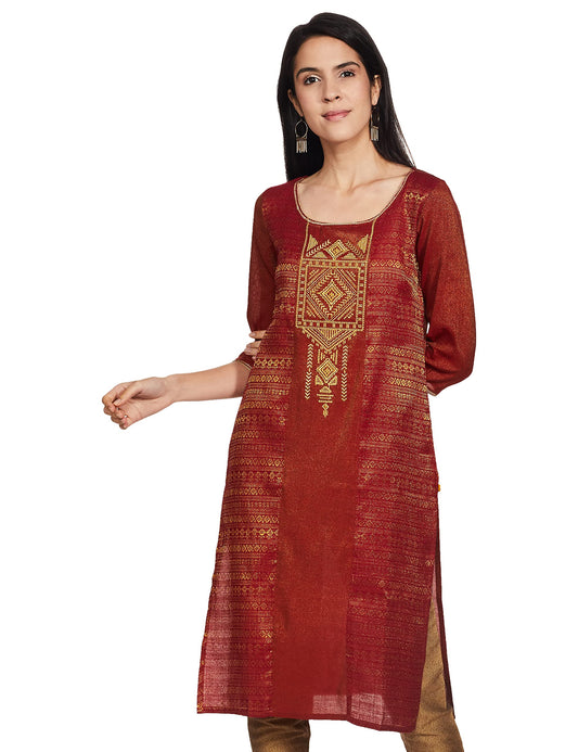 Aurelia Women's Cotton Blend Straight Fit Yarn Dyed Round Neck Straight Kurta