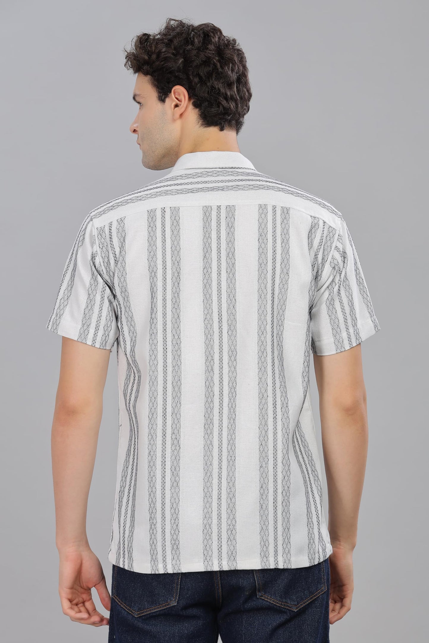 Mildin MenS Cotton Blend Striped Printed Shirt With Spread Collared Neck Half Sleeve Button Closure Regular Fit Straight Standa