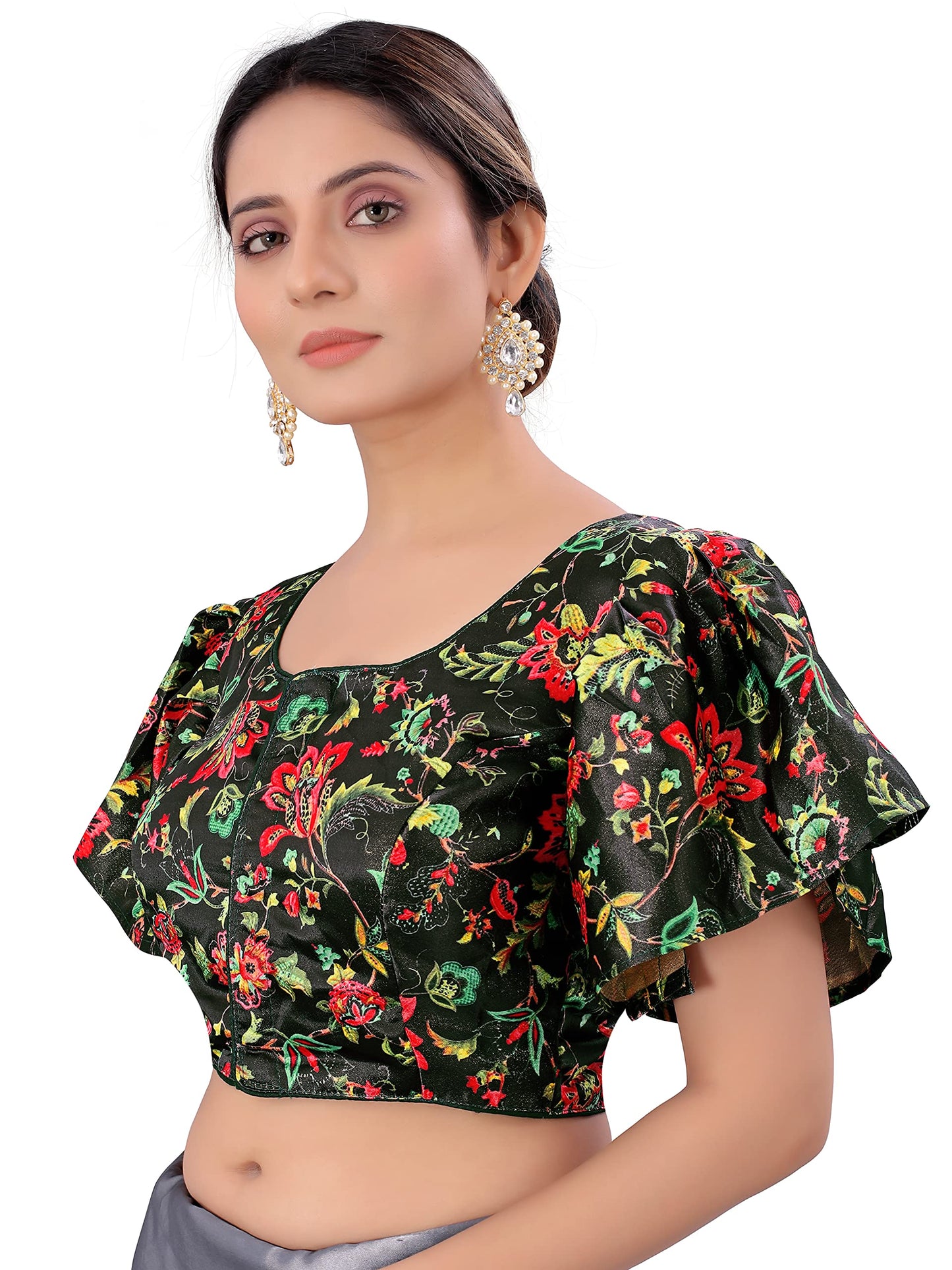 Pujia Mills WomenS Multicolor Butterfly Floral Print Pattern Ruffle Sleeve Readymade Saree Blouse