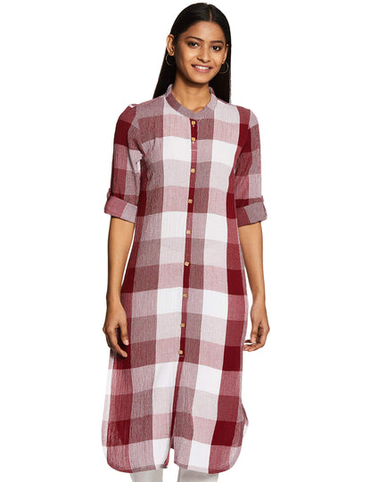 Aurelia Womens Mandarin Collar Check Shirt Kurta