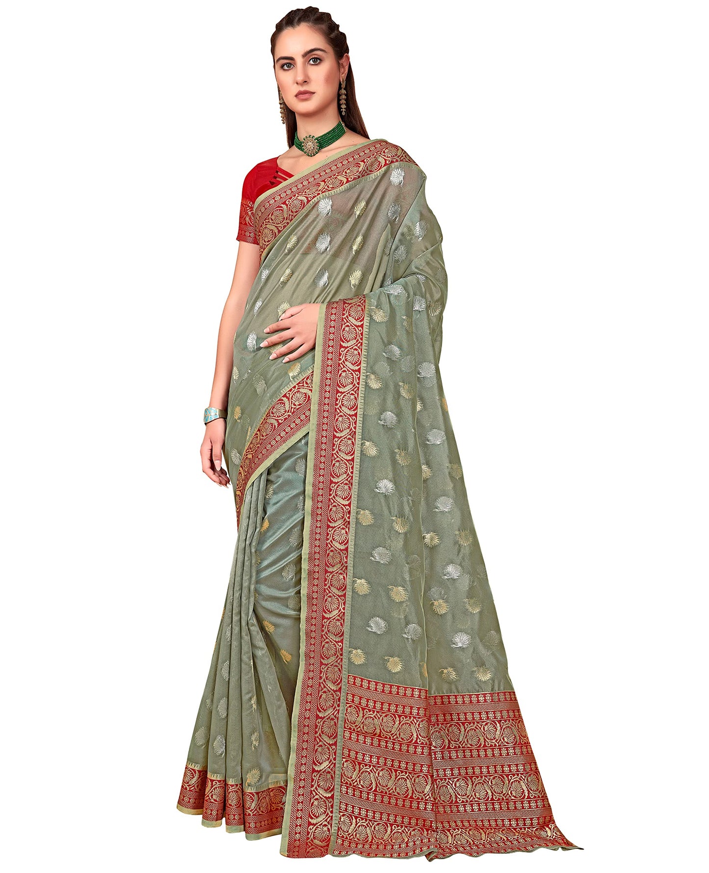 Glory Sarees WomenS Banarasi Organza Silk Saree With Blouse Piece (Amrutam101_Grey)