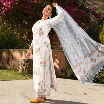 KLOSIA Women Rayon Block Printed Kurta Palazzo With Dupatta