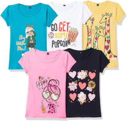 T2F Girls Cotton Regular Fit T-Shirt(Pack of 5)