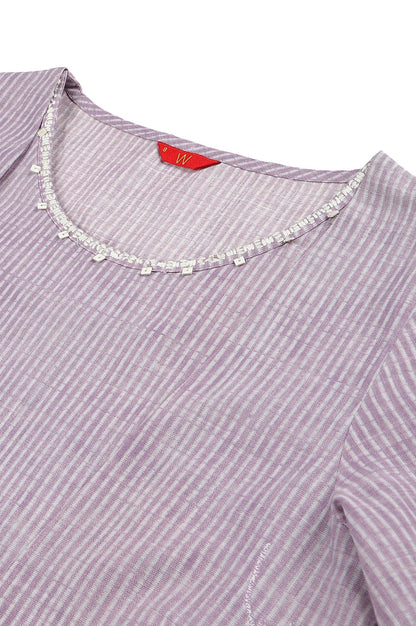 W For Woman Purple Floral Printed Cotton Regular Kurta With Thread Embroidery