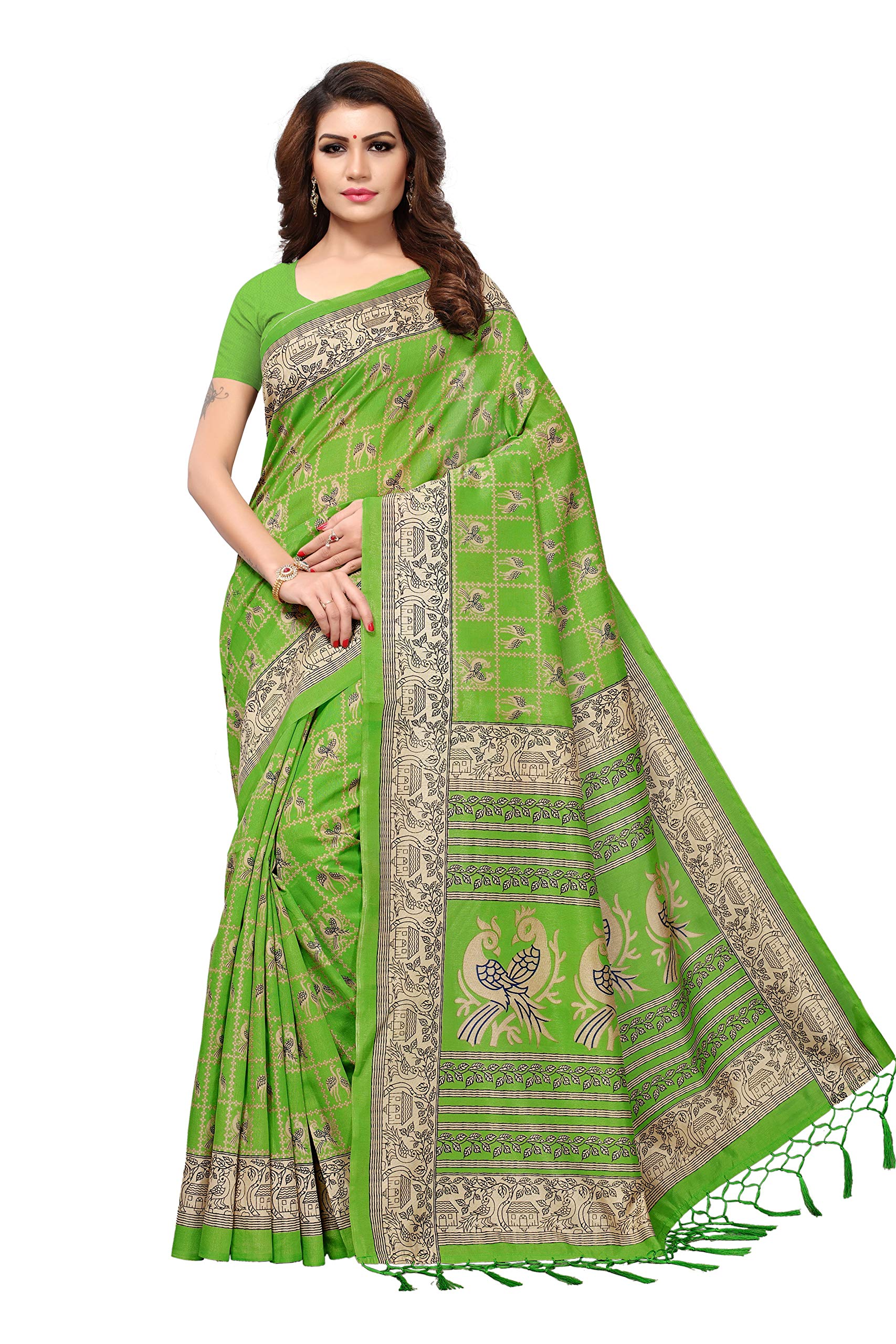 ANNI DESIGNER Womens Mysore Silk Tassels Border Bird Printed Saree With Blouse
