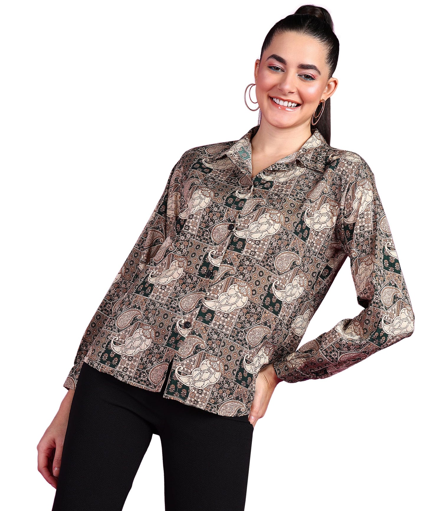 POPWINGS Printed Full-Sleeves Regular-Fit Polyester Printed Shirt for Women Stylish Western Casual Wear