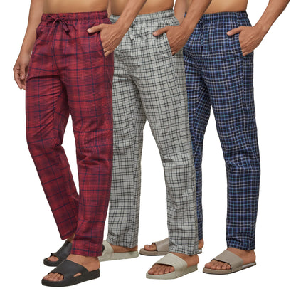 XYXX Mens Super Combed Cotton Checkered Checkmate Pyjamas [Pack of 3] Elasticated Waist, Drawstring | Loungewear for Men in Blu