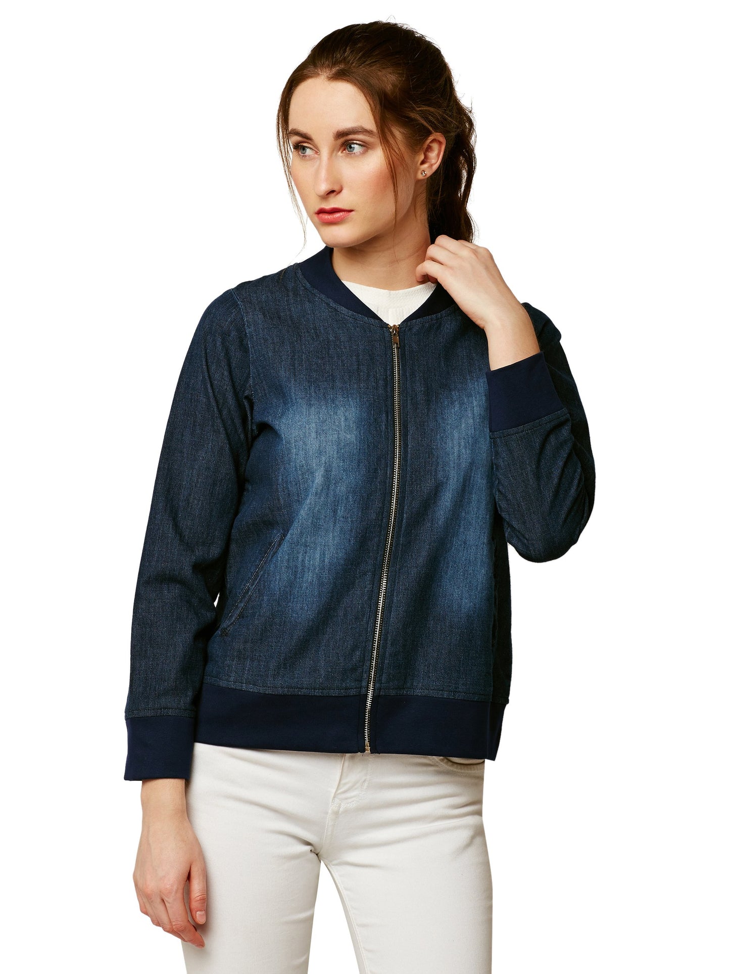Miss Chase WomenS Navy Blue Denim Bomber Jacket(Mcss18Den05-02-71-03_Navy Blue_Small)