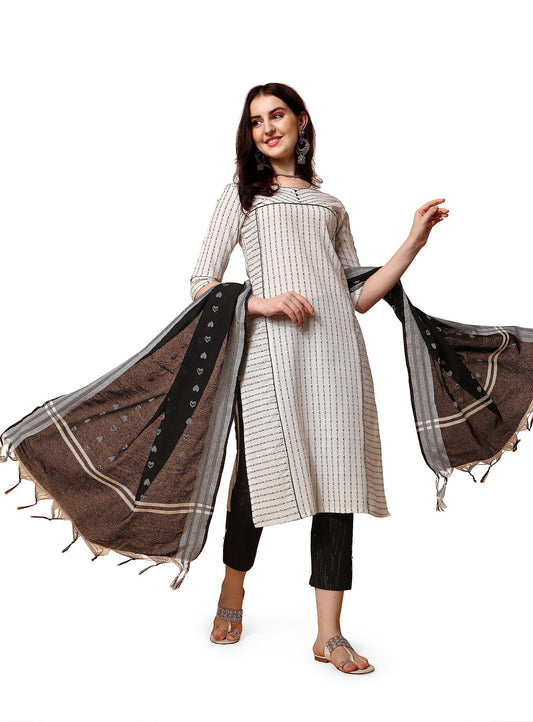NAINVISH Women's Cotton Printed Straight Round Neck Kurta Pant with Dupatta (SD473_KBD_White)