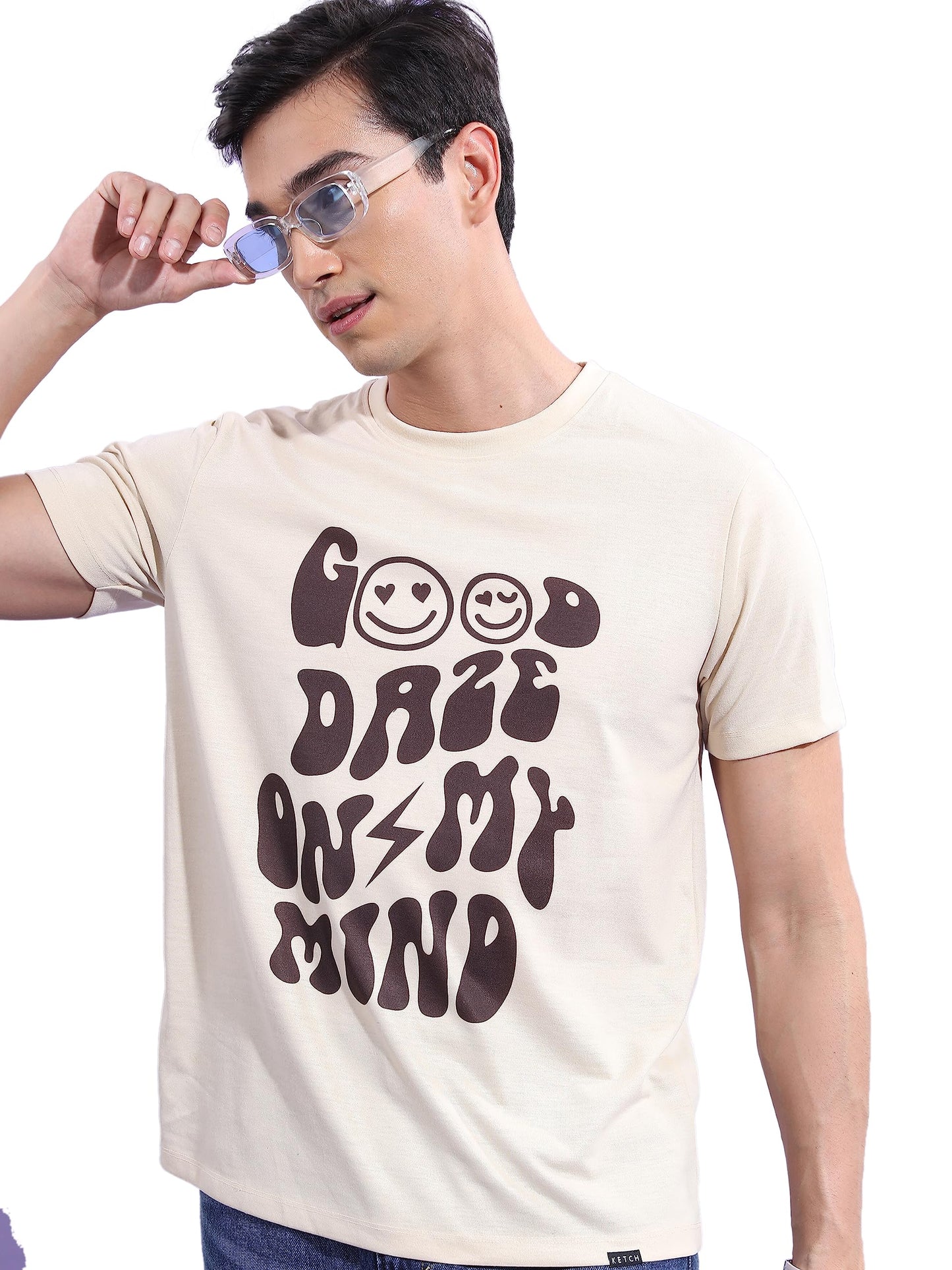 Ketch Mens Half Sleeve Relaxed Fit T-Shirt (Khts000563_ Beige_M)