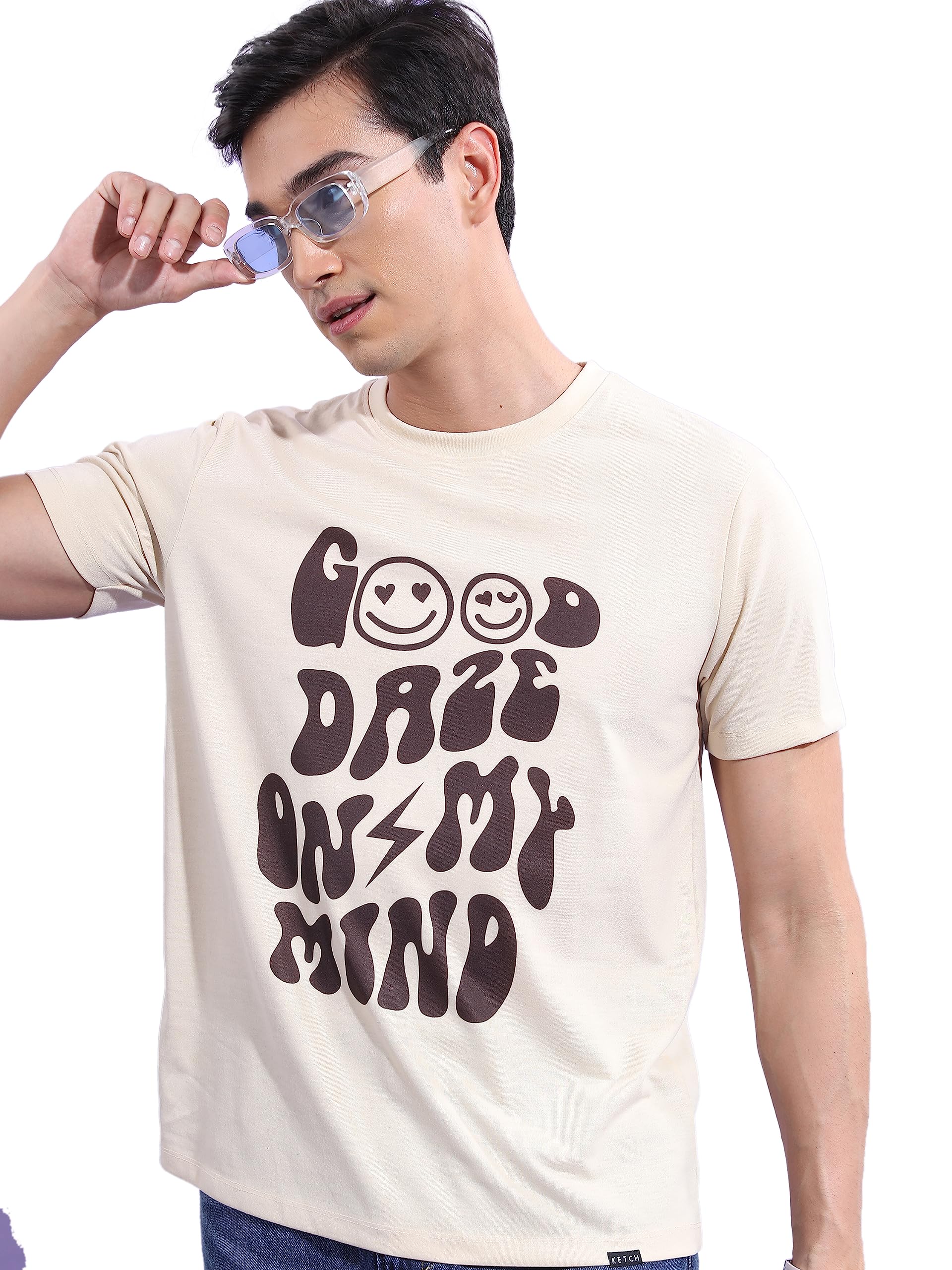 Ketch Mens Half Sleeve Relaxed Fit T-Shirt (Khts000563_ Beige_M)